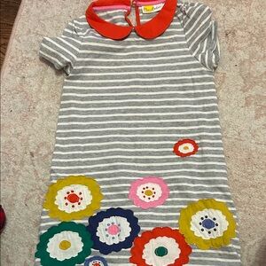 Mini Boden Grey Stripe Dress with Red Collar and Colorful Floral Appliqués